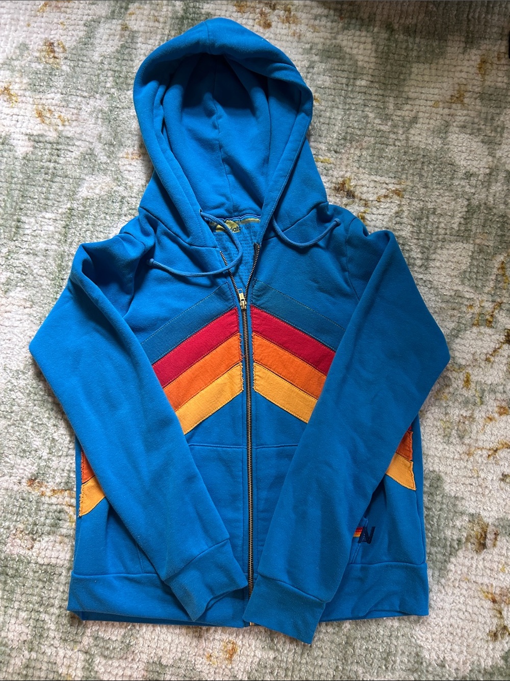 Aviator Nation Blue Zip Hoodie with Red, Orange & Yellow Chevron